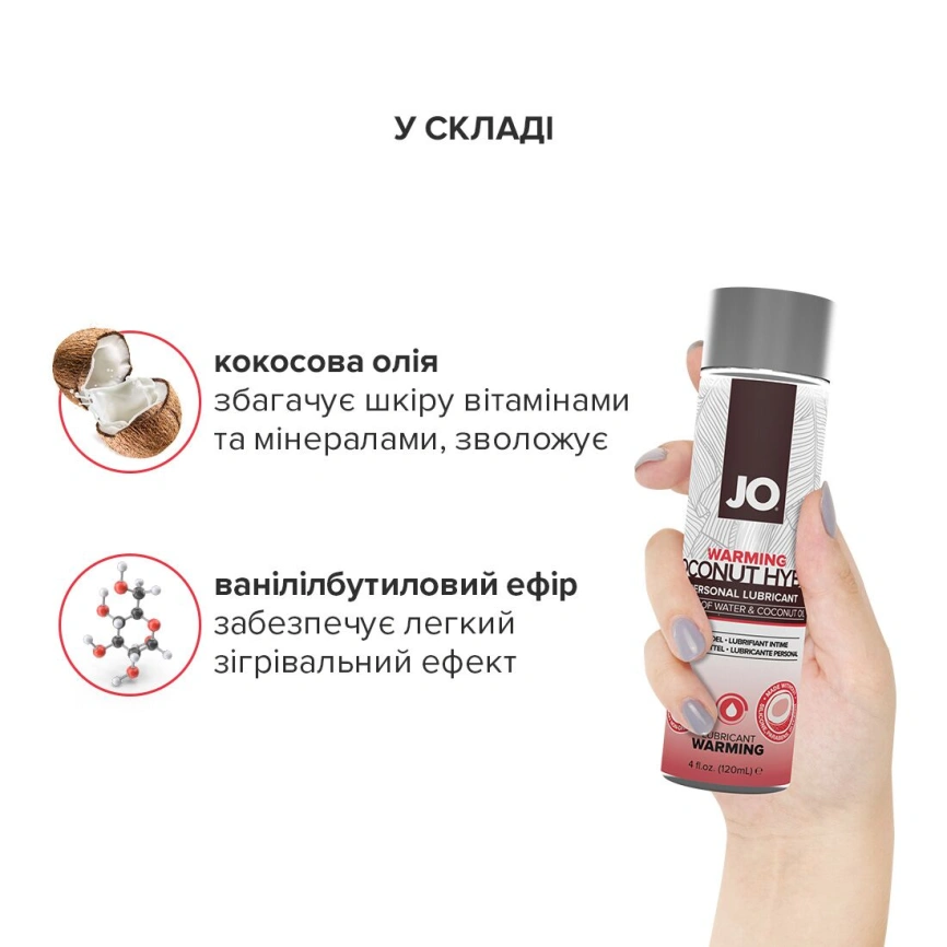 Разогревающая смазка-крем с кокосовым маслом JO Coconut Hybrid WARMING (120 мл) белая фото 8