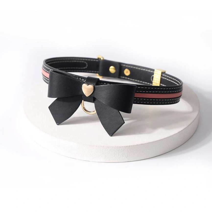 Ошейник с поводком LOCKINK SEVANDA Love Heart Butterfly Leather Collar Set, черно-розовый, с бантом фото 4