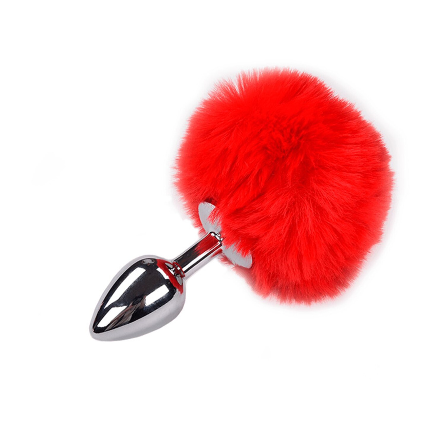 Металева анальна пробка Кролячий хвостик Alive Fluffy Plug S Red, діаметр 2,8 см фото 1