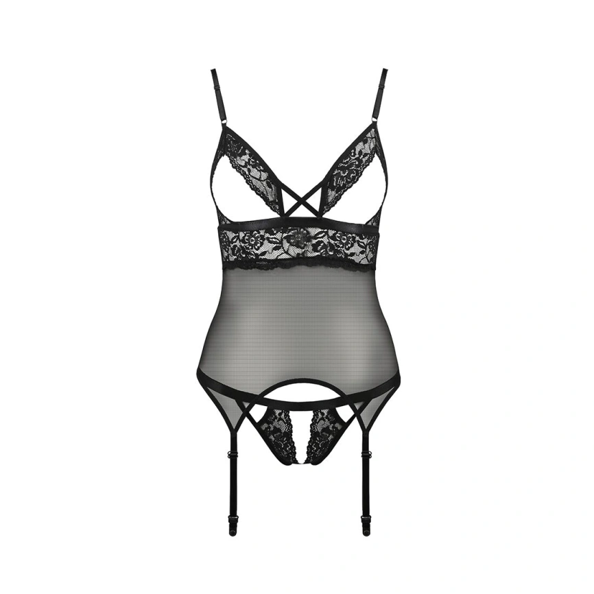Корсет с открытой грудью Passion DIABOLINA CORSET S/M, black, пажи, трусики, полупрозрачный фото 6