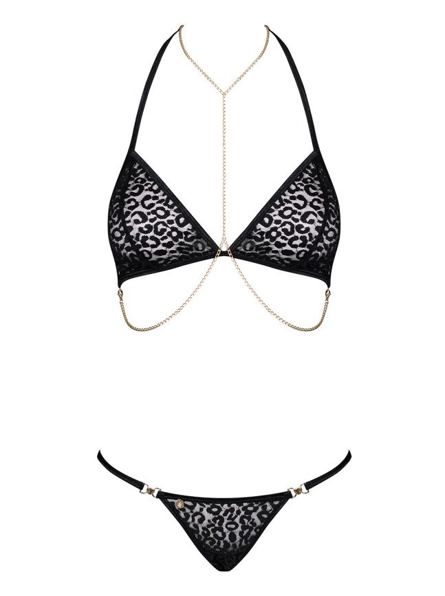 Комплект із ланцюжками Obsessive Pantheria 2-pcs set black L/XL, бюстгальтер, трусики фото 3