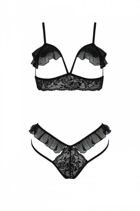Эротический комплект Passion DOLLY SET, S/M, black, с открытыми чашками фото 3