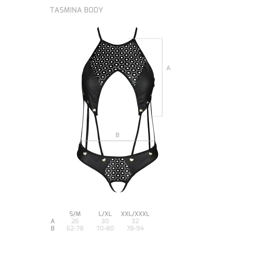 Боди с открытым доступом Passion TASMINA BODY XXL/XXXL, black, экокожа, шнуровки, ажурные кружева фото 12