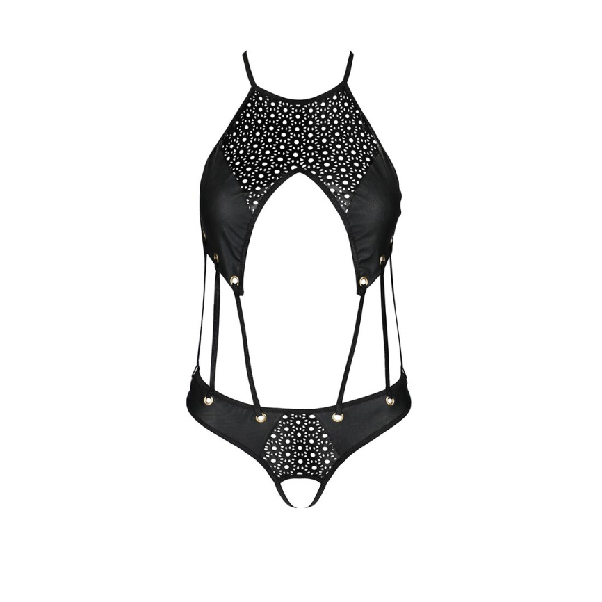 Боді з відкритим доступом Passion TASMINA BODY S/M, black, екошкіра, шнурівки, ажурні мережива фото 3