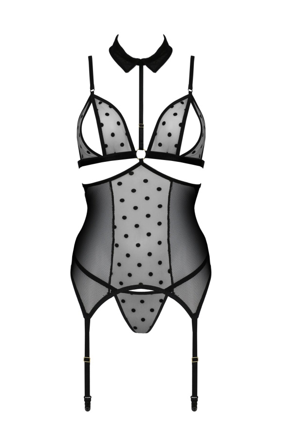 Корсет з відкритими грудьми Passion DOMINICA CORSET S/M black, пажі для панчіх, стрінги фото 3
