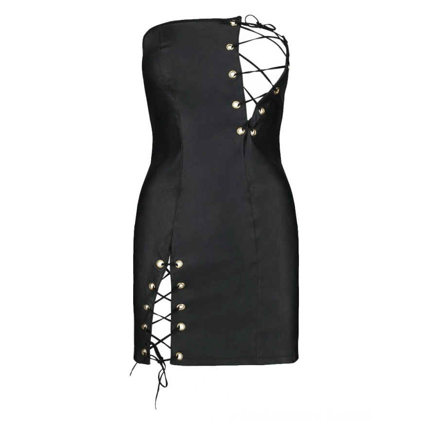 Мини-платье из экокожи Passion CELINE CHEMISE 4XL/5XL, black, шнуровка, трусики в комплекте фото 7
