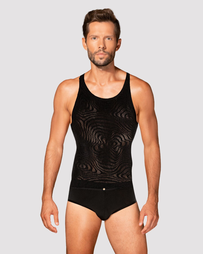 Чоловіча напівпрозора майка-борцовка з візерунком Obsessive T103 tank top S/M/L, чорна фото 1