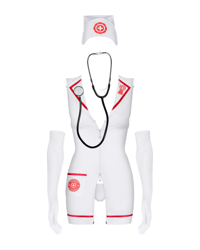 Еротичний костюм медсестри Obsessive Emergency dress S/M, white, сукня, стринги, рукавички, чепчик, стетоскоп фото 2