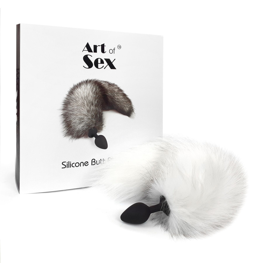 Силіконова анальна пробка з хвостом із натурального хутра Art of Sex size M White fox фото 5