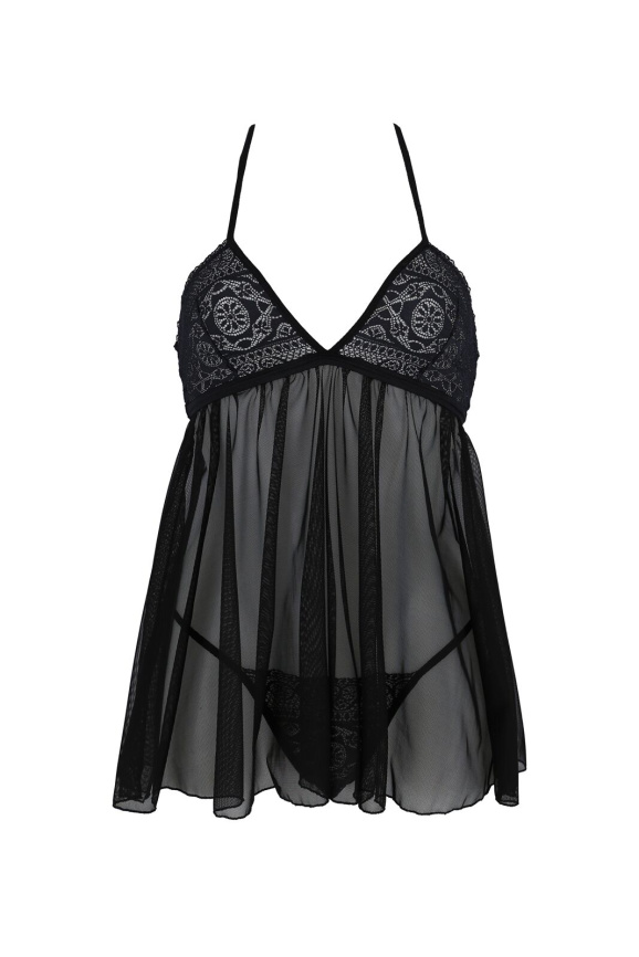 Пеньюар Passion KERRIA CHEMISE black, L/XL, мереживний верх, трусики в комплекті фото 3