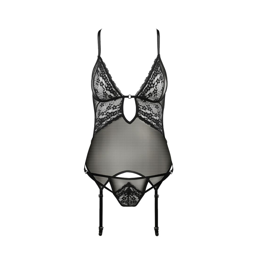 Корсет з декольте Passion ERZA CORSET L/XL, black, пажі, трусики, напівпрозорий фото 3