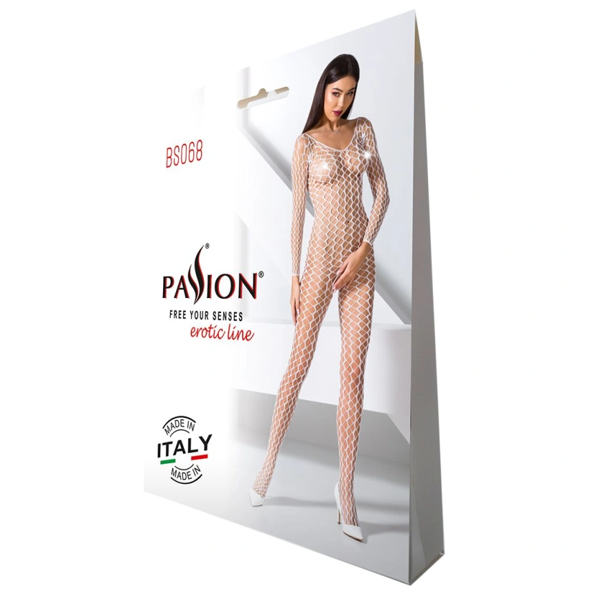 Бодистокинг Passion BS068 white, комбинезон, крупная сетка, длинный рукав фото 12