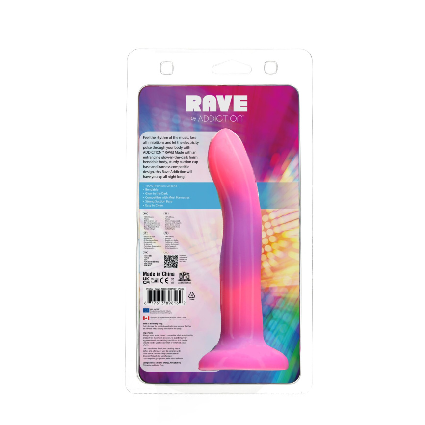 Фалоімітатор, що світиться в темряві, ADDICTION Rave 8″, Glow in the Dark Dildo Pink Purple, 20,3 см фото 9