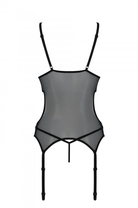 Корсет с подвязками и ажурным лифом Passion CHRISTA CORSET L/XL, black, стринги в комплекте фото 5