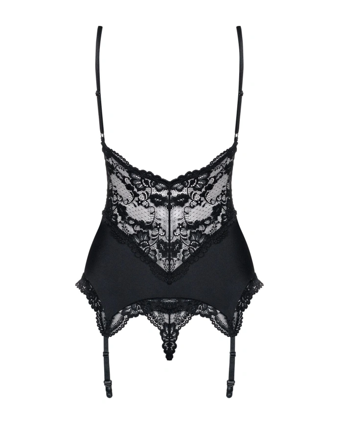 Сатиновый кружевной корсет Obsessive 810-COR-1 babydoll & thong S/M, черный, корсет, танга фото 6