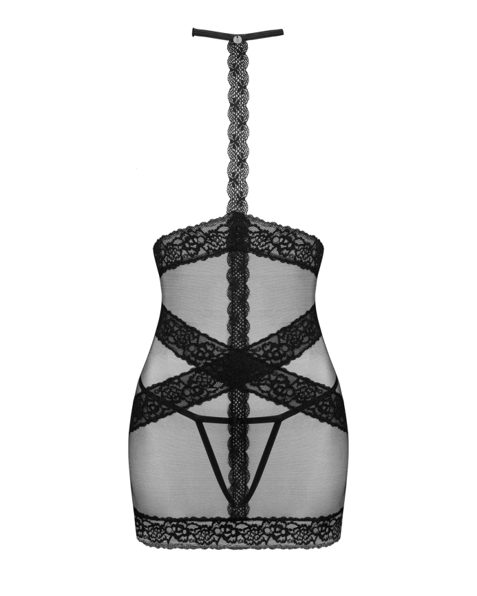 Полупрозрачная сорочка с открытой грудью Obsessive Lacrisia chemise XL/2XL, черная, с чокером фото 5