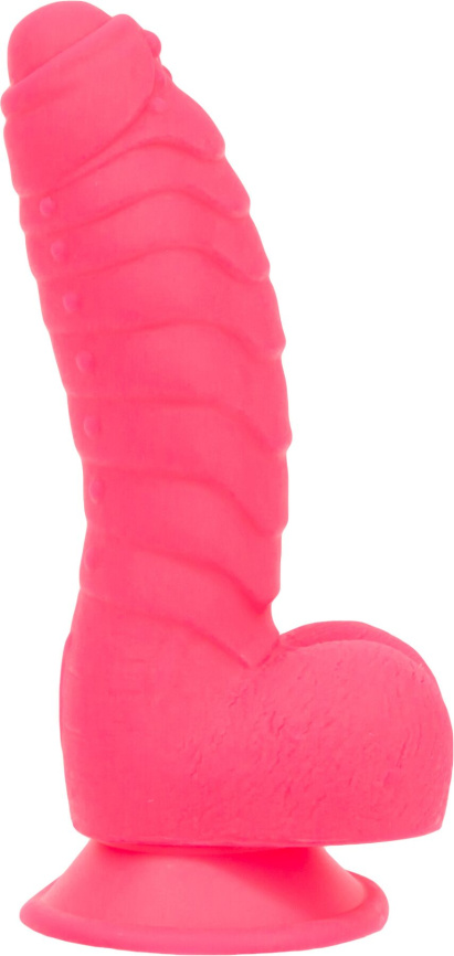 Ребристий фалоімітатор на присосці ADDICTION — Tom 7″ Dildo With Balls — Pink, віброкуля в подарунок фото 1