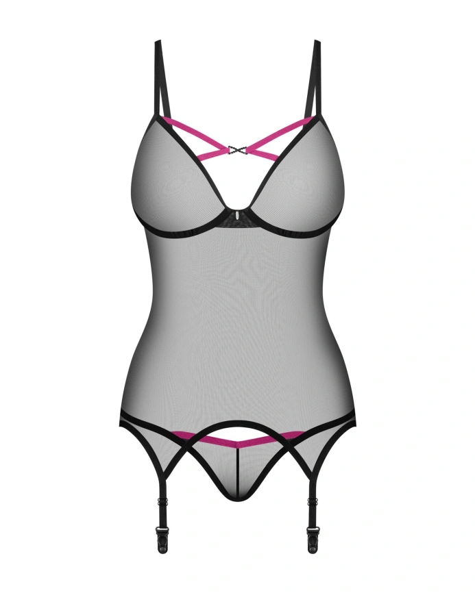 Корсет Obsessive Novenes corset & thong, XL/2XL, прозрачный, открытая спина, стринги в комплекте фото 4