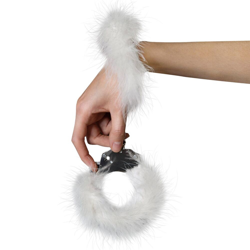 Наручники металеві Adrien Lastic Handcuffs White з білим пухнастим оздобленням фото 3