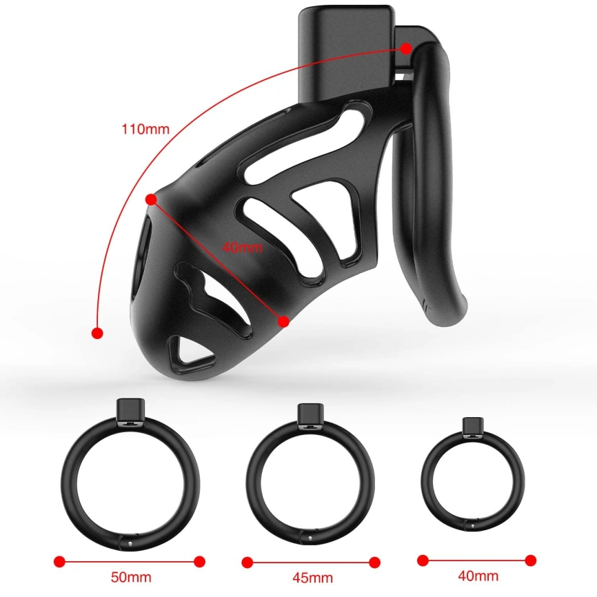 Клетка для пениса LOCKINK SEVANDA Naja-Cobra Chastity Cage Satin Black, 3 кольца разных размеров фото 6