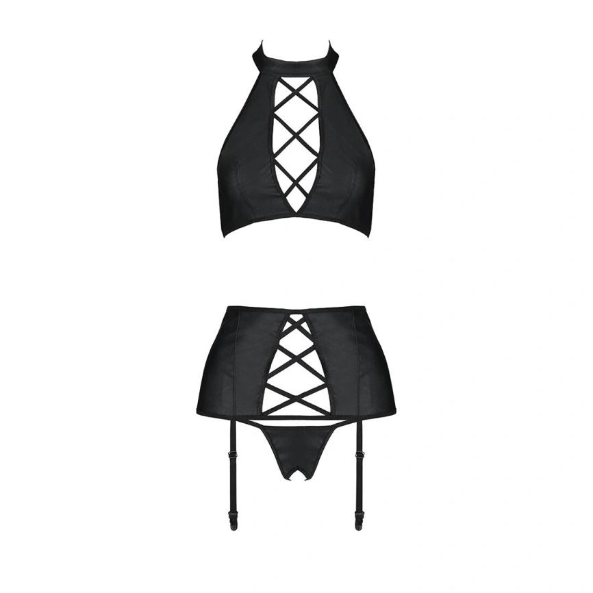 Комплект из эко-кожи имитация шнуровки Passion NANCY SET XXL/XXXL black топ трусики пояс для чулок фото 9