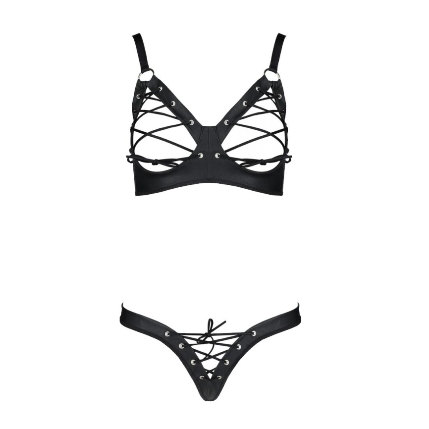 Комплект з екошкіри Passion CELINE BIKINI 6XL/7XL black, відкритий бра, стрінги зі шнурівкою фото 7