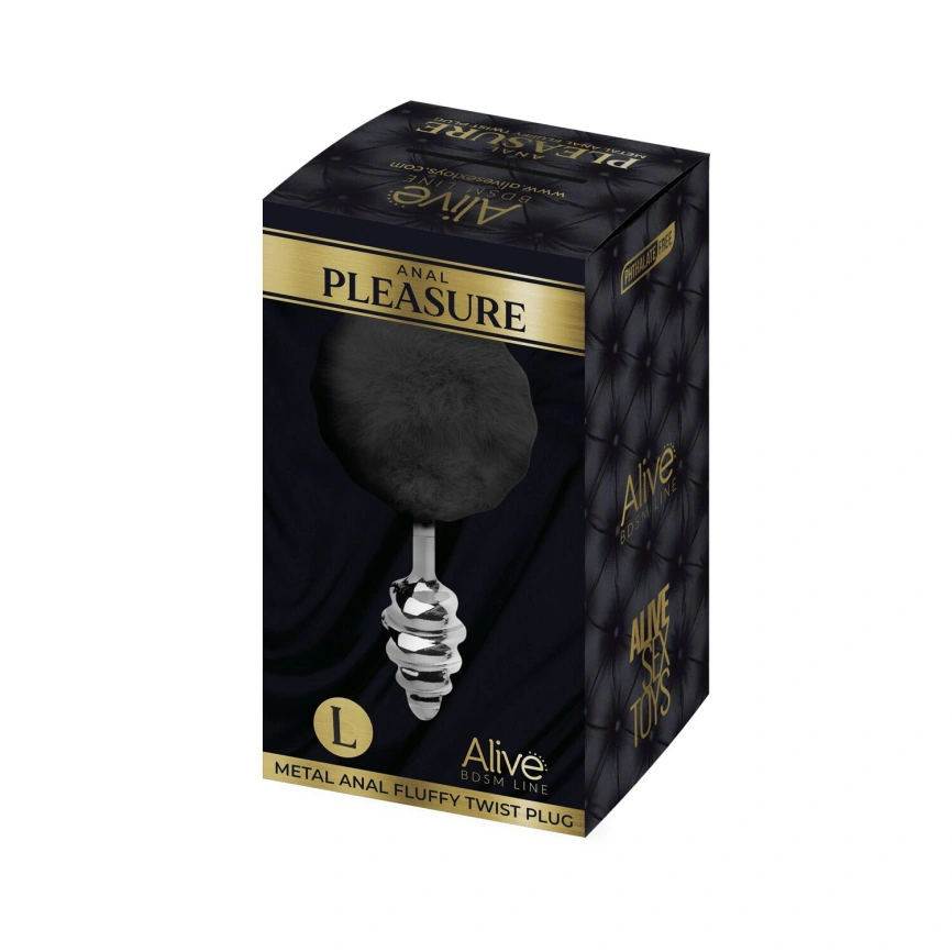 Металлическая анальная пробка Кроличий хвостик Alive Fluffy Twist Plug L Black, диаметр 3,8 см фото 3