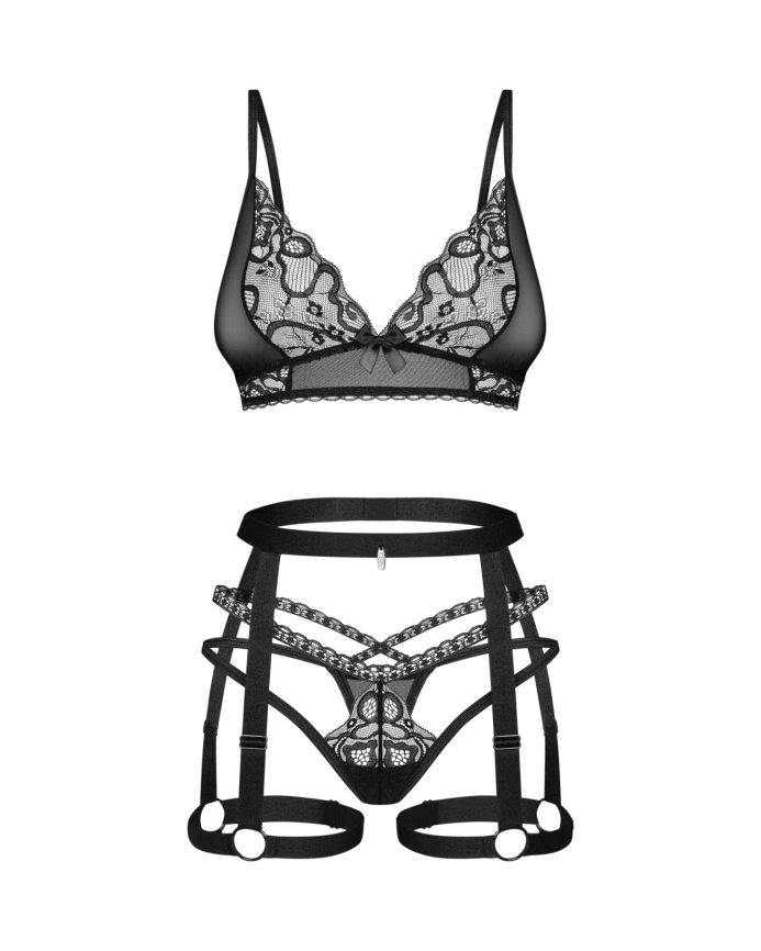 Комплект Obsessive Blomentis 3-pcs set, XS/S, мягкий лиф, стринги со стрепами, пояс с гартерами фото 3