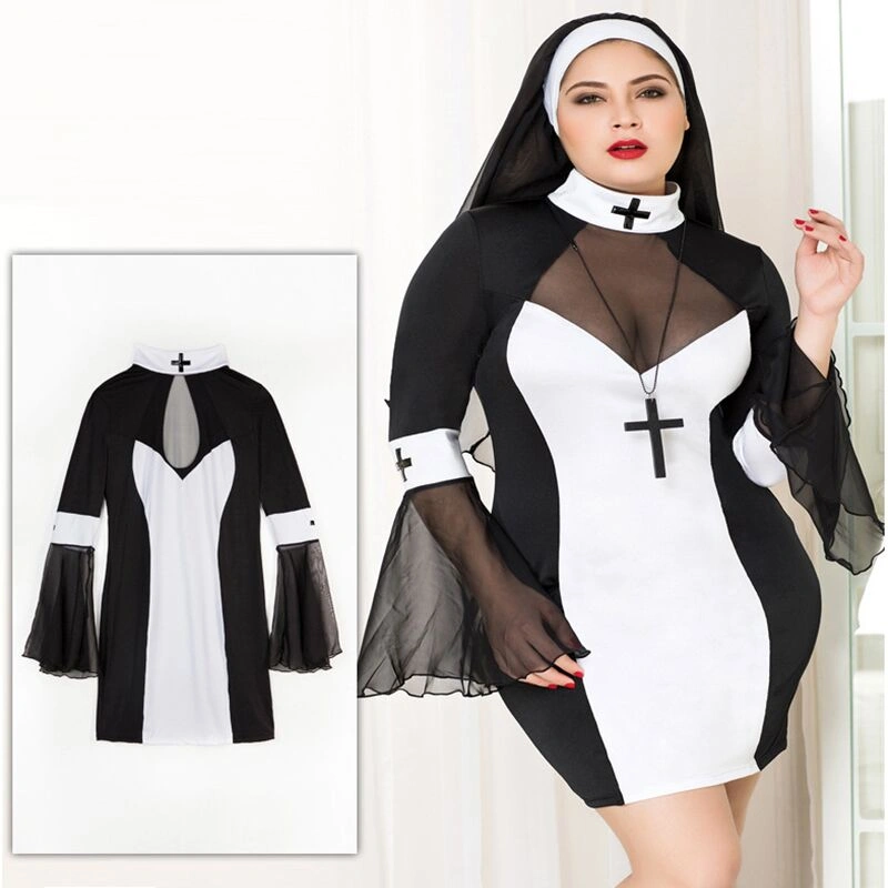 Эротический костюм монашки JSY «Грешница Лола» Plus Size Black, платье, крест, апостольник фото 6