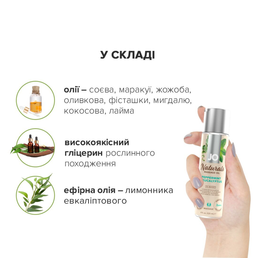 Масажна олія JO Naturals Massage Oil Peppermint & Eucalyptus з ефірними оліями (120 мл) фото 4