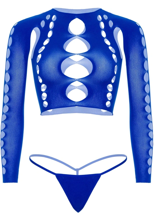 Комплект бесшовного белья Leg Avenue Long sleeve crop top & string Royal Blue One Size, топ, стринги фото 3