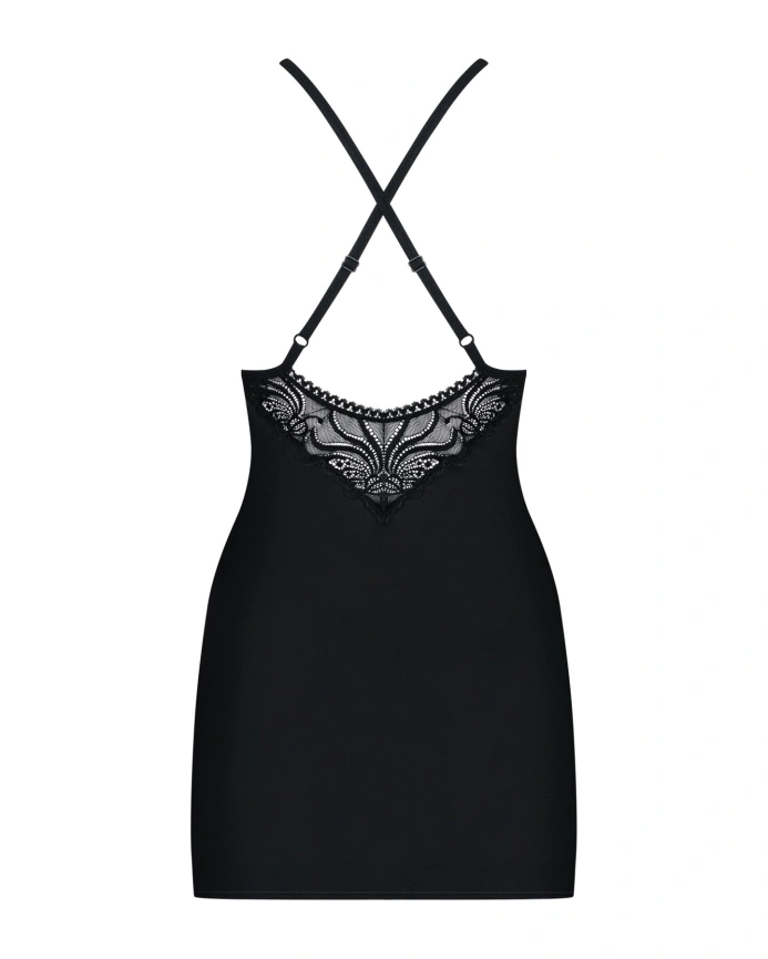 Сатиновый комплект для сна с кружевом Obsessive 828-CHE-1 chemise & thong L/XL, черный, сорочка фото 6