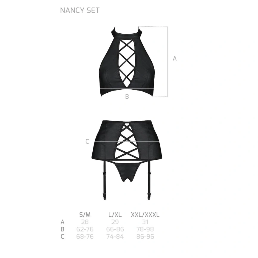 Комплект из эко-кожи с имитацией шнуровки Passion NANCY SET S/M black, топ, трусики, пояс для чулок фото 11