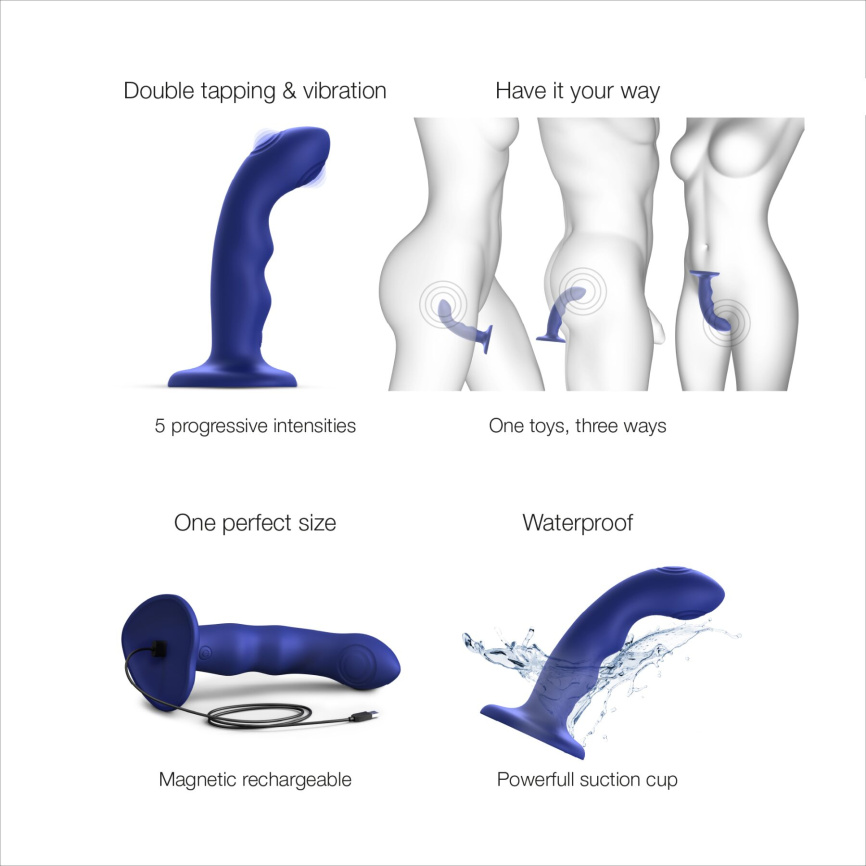 Насадка для страпона з подвійною точковою пульсацією Strap-On-Me TAPPING DILDO WAVE – NIGHT BLUE, М фото 3