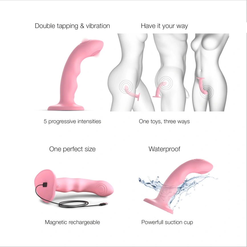 Насадка для страпона с двойной точечной пульсацией Strap-On-Me TAPPING DILDO WAVE – CORAL PINK, М фото 3