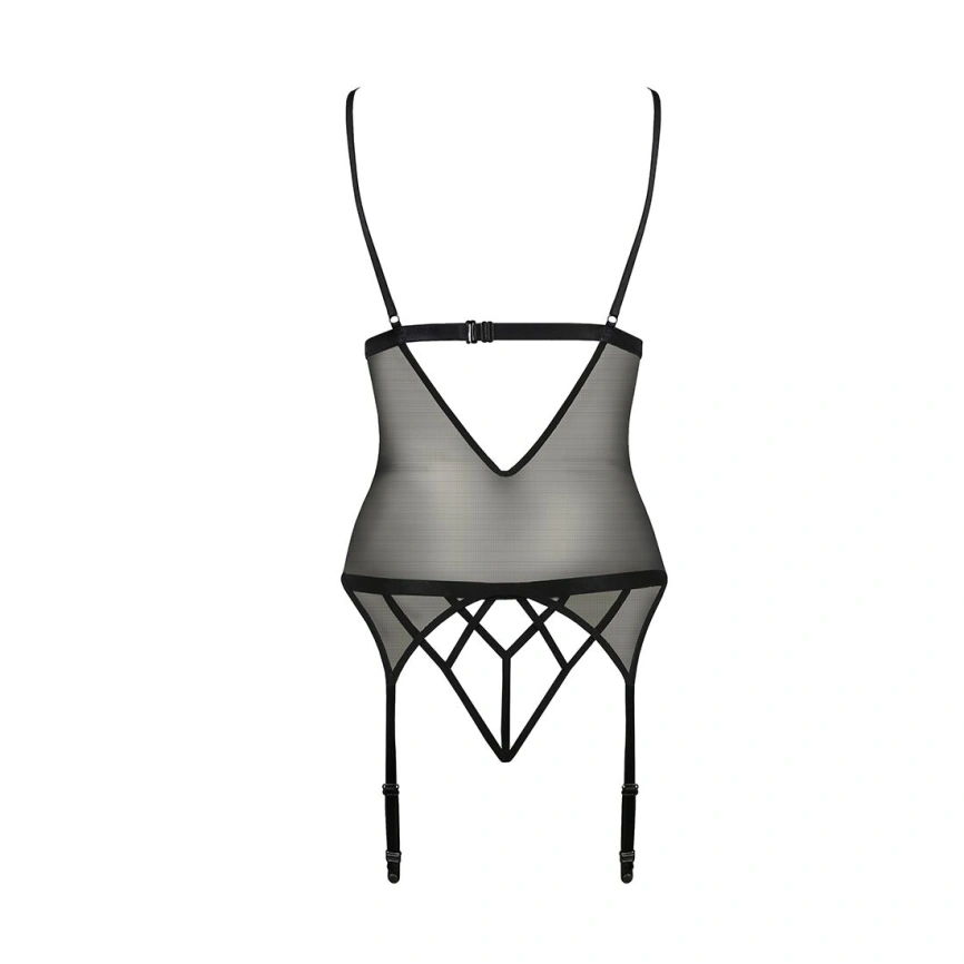 Корсет с открытой грудью Passion DIABOLINA CORSET S/M, black, пажи, трусики, полупрозрачный фото 7