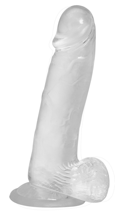 Прозорий фалоімітатор на присосці ADDICTION — Clear Dildo with Balls 8″, віброкуля в подарунок фото 2