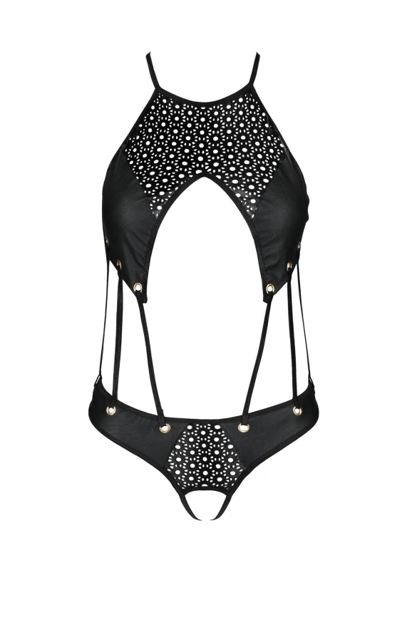 Боди с открытым доступом Passion TASMINA BODY XXL/XXXL, black, экокожа, шнуровки, ажурные кружева фото 3