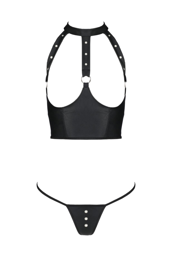 Комплект білизни з відкритими грудьми Passion GENEVIA SET WITH OPEN BRA XXL/XXXL black, корсет, стрі фото 3