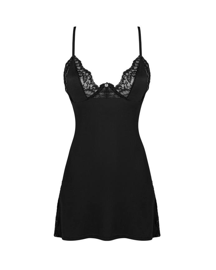 Сорочка Obsessive Bellastia chemise & thong, XS/S, непрозора, фігурне декольте, стрінги в наборі фото 3