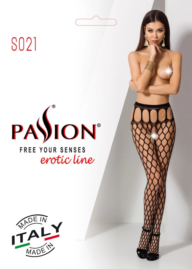 Эротические колготки-бодистокинг Passion S021 black, в крупную сетку с высоким пояском фото 6