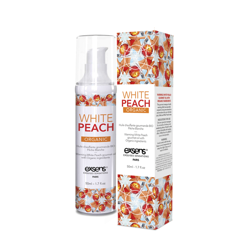 Масажна олія EXSENS Organic White Peach 50мл розігрівальна, без цукру, без парабенів, їстівна фото 1