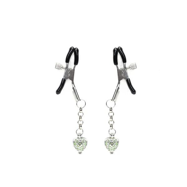 Затискачі для сосків із сердечком Liebe Seele Glow-in-dark Nipple Clamps Green, світяться в темряві фото 1