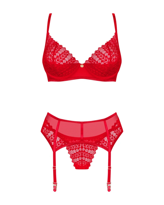 Комплект Obsessive Ingridia 3-pcs set XS/S, красный, бюстгальтер, стринги, пояс фото 3