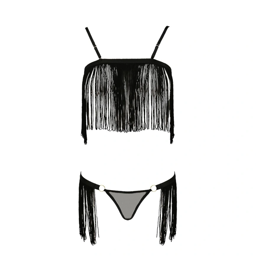 Комплект белья Passion Exclusive KASSANDRA SET OpenBra S/M, black, лиф из бахромы, трусики-юбка фото 9