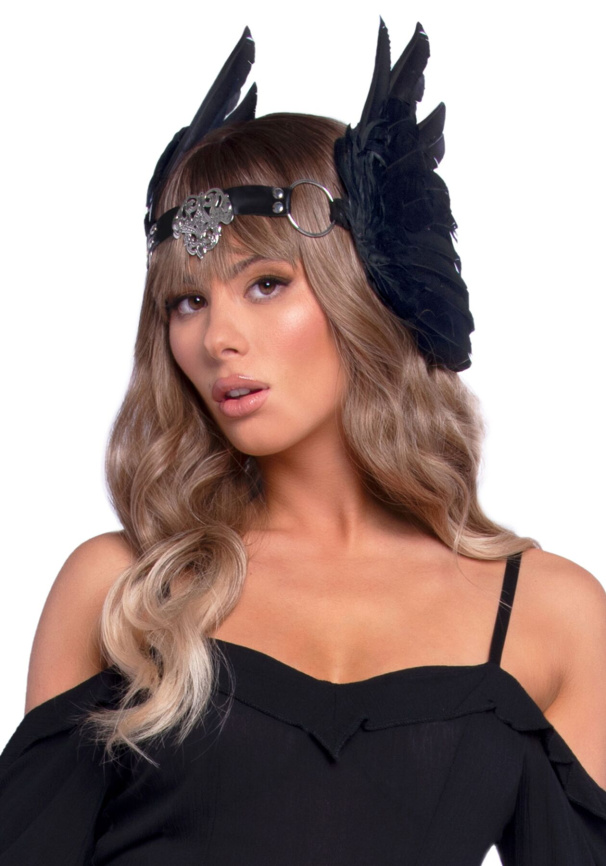 Пов’язка на голову з крилами Leg Avenue Feather headband Black, пір’я та натуральна шкіра фото 1