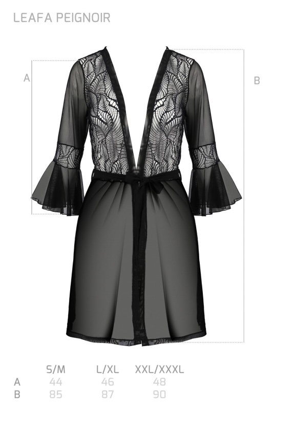 Пеньюар Passion LEAFA PEIGNOIR black, L/XL, довжина трохи вище коліна, широкі рукави, зав'язується на пояс фото 5