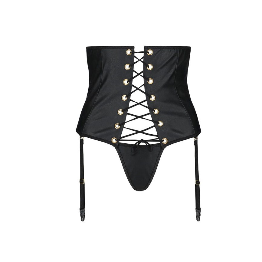 Пояс-корсет з екошкіри Passion CELINE SET L/XL, black, шнурівка, знімні пажі для панчіх, стрінги фото 5