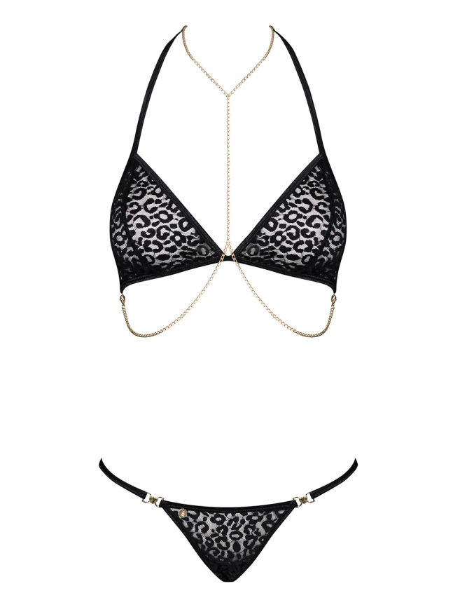 Комплект с цепочками Obsessive Pantheria 2-pcs set black S/M, бюстгальтер, трусики фото 3