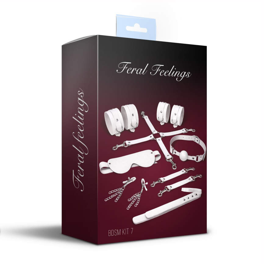 Набір Feral Feelings BDSM Kit 7 White, наручники, поножі, конектор, маска, падл, кляп, затискачі фото 2